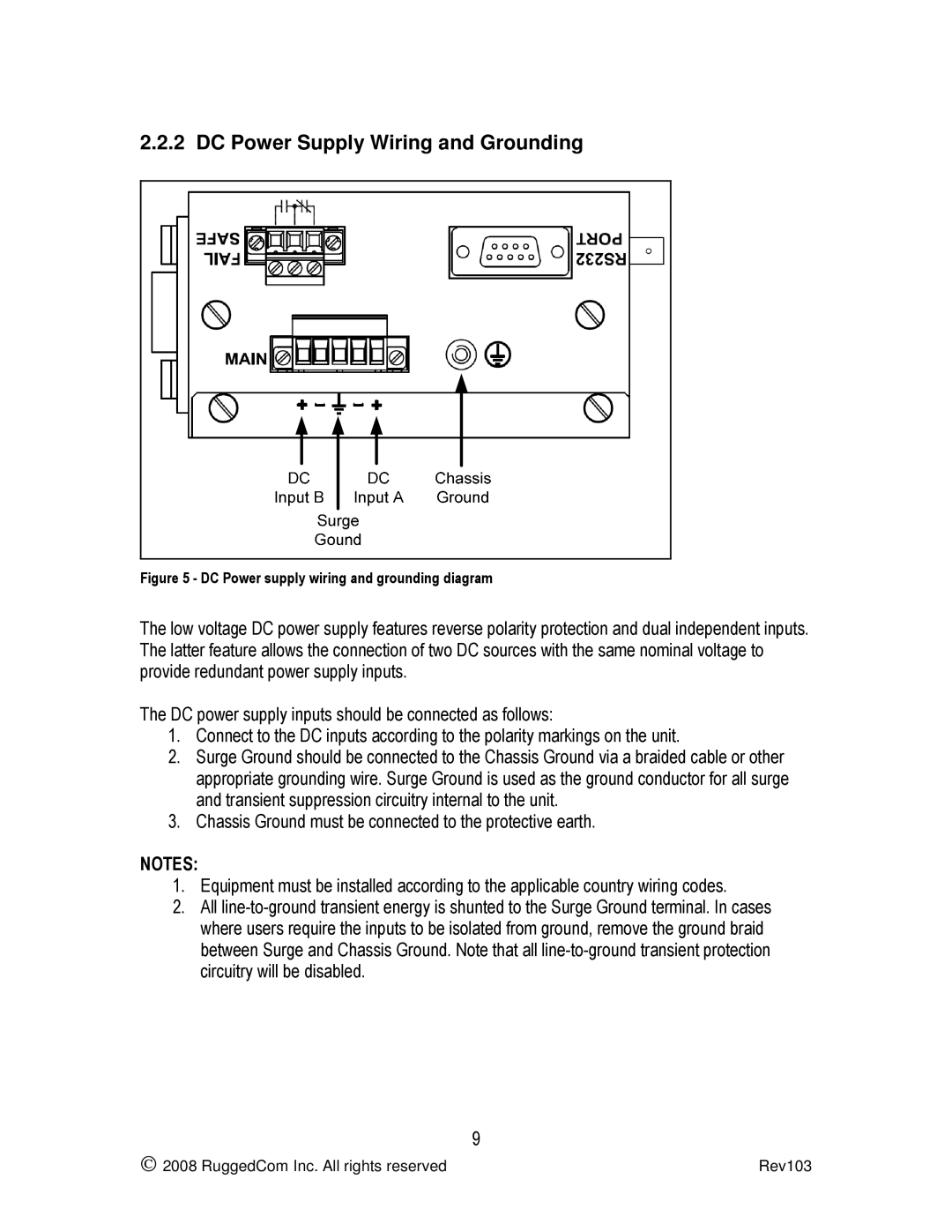 RuggedCom RS900W manual DC Power Supply Wiring and Grounding 