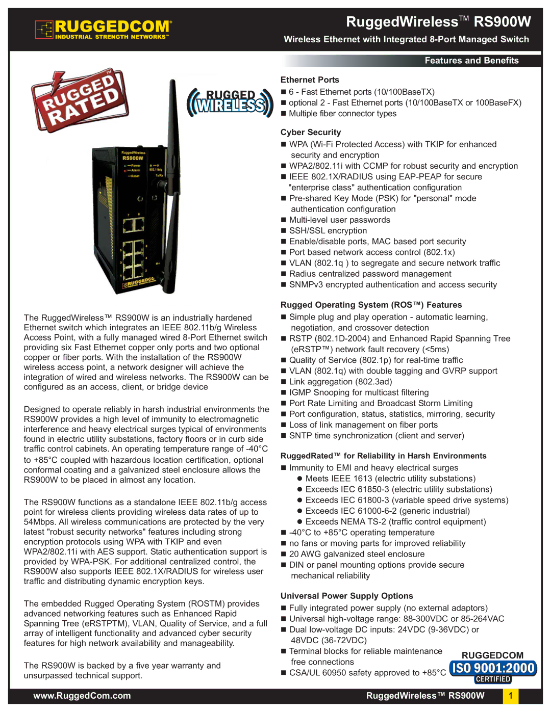 RuggedCom RS900W warranty Ethernet Ports, Cyber Security, Rugged Operating System ROS Features 