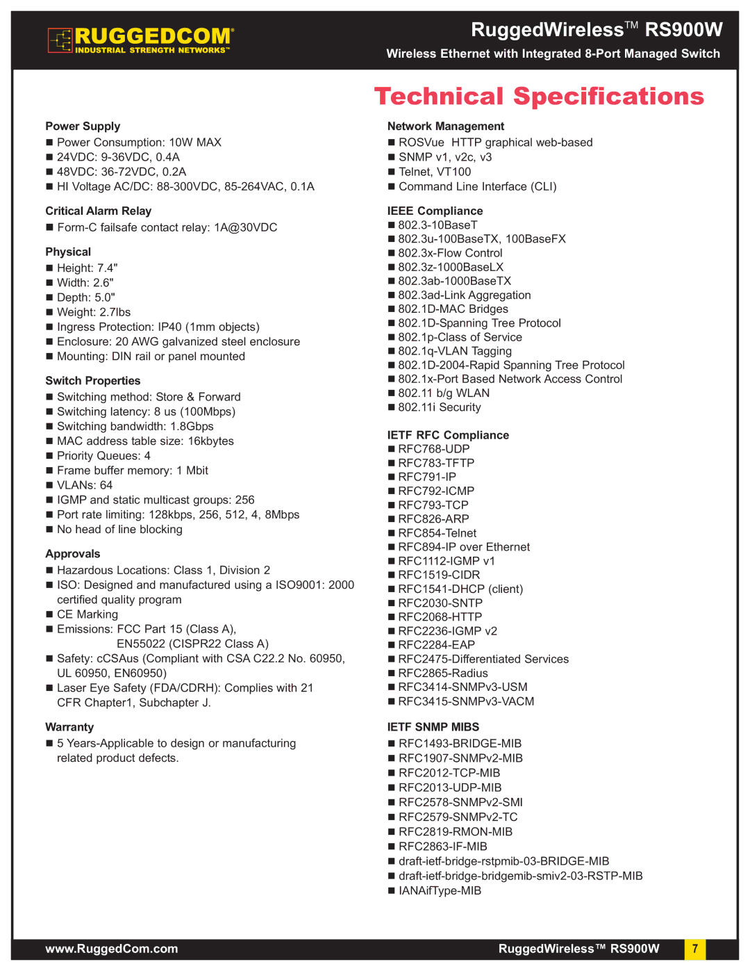 RuggedCom RS900W warranty Technical Specifications 