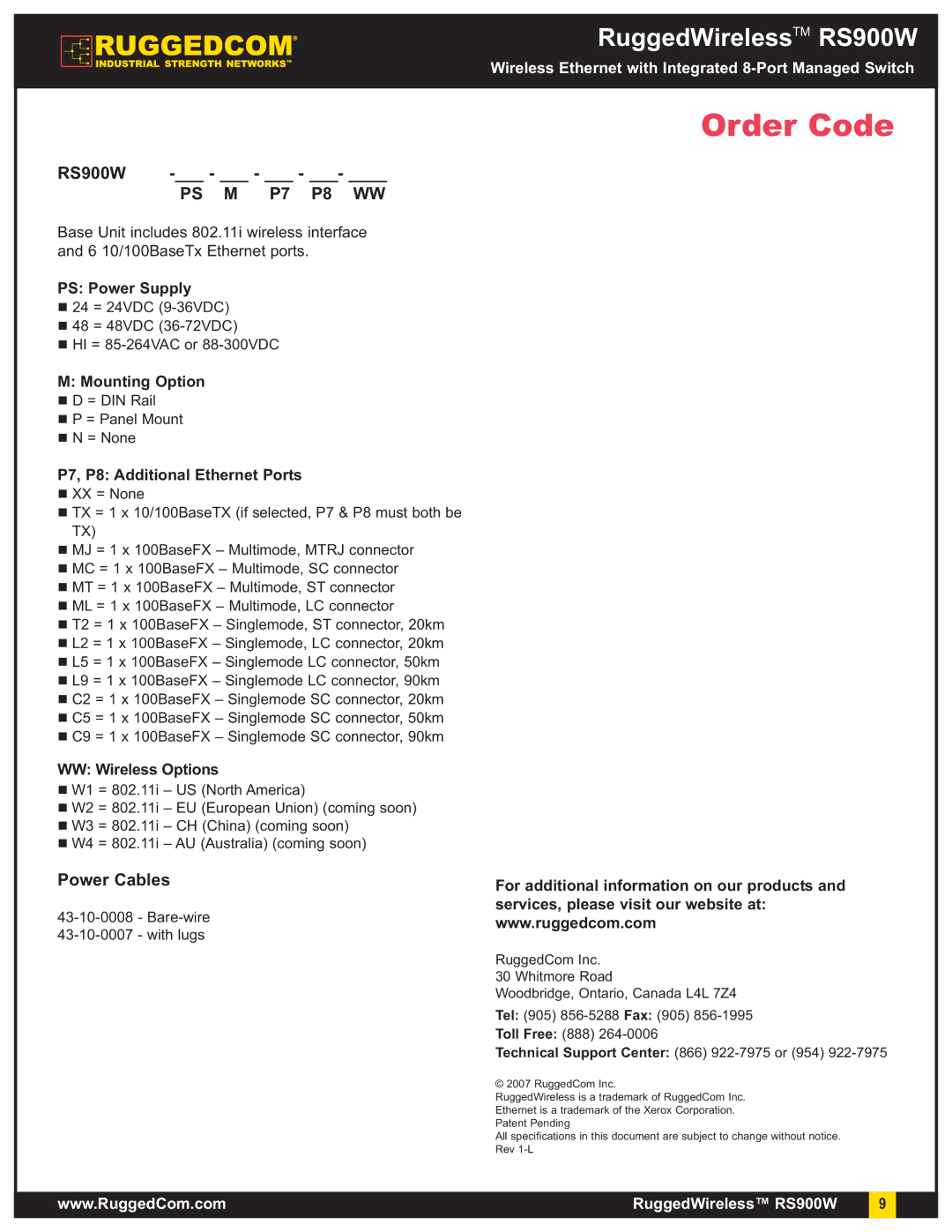 RuggedCom RS900W Order Code, PS Power Supply, Mounting Option, P7, P8 Additional Ethernet Ports, WW Wireless Options 