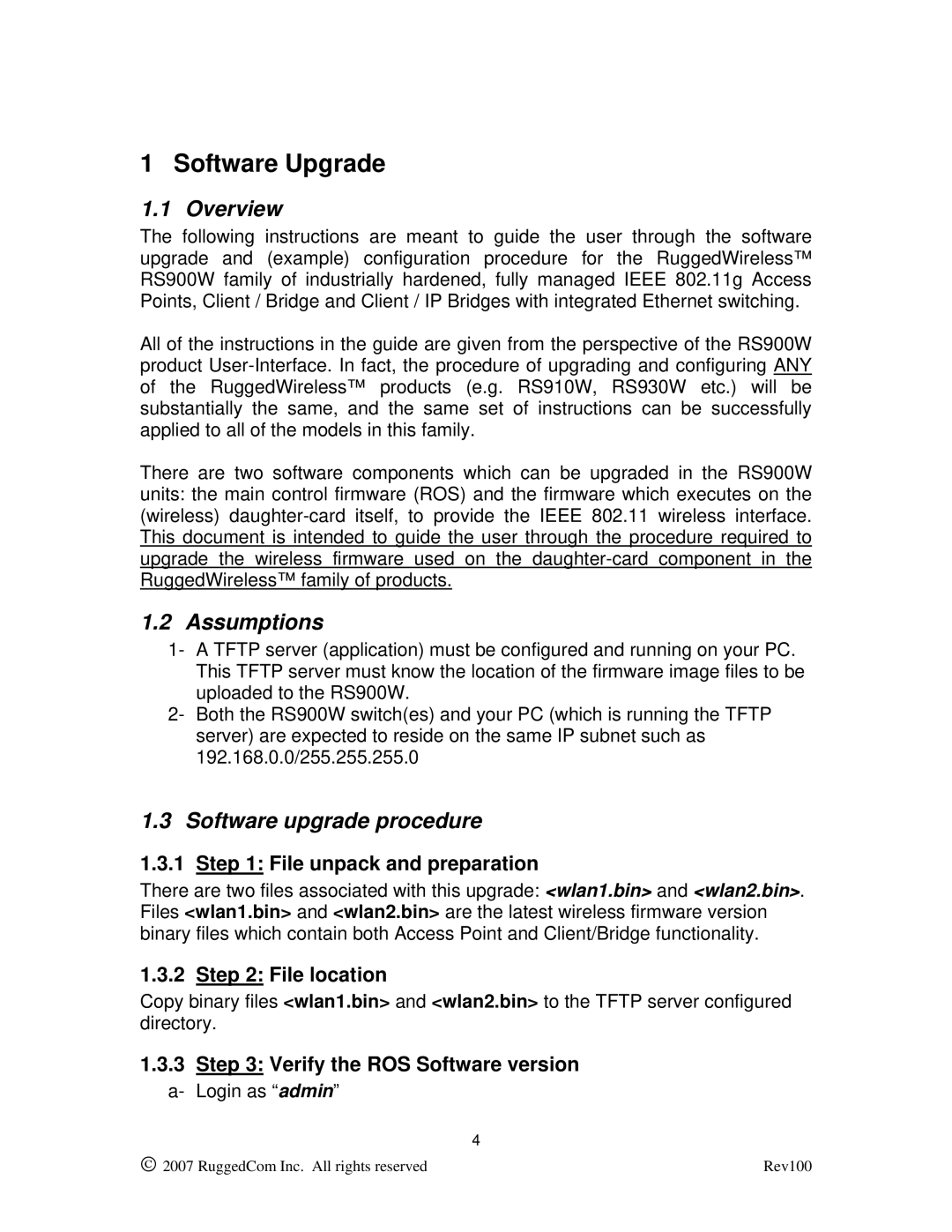 RuggedCom RS900W manual Software Upgrade, Overview, Assumptions, Software upgrade procedure 