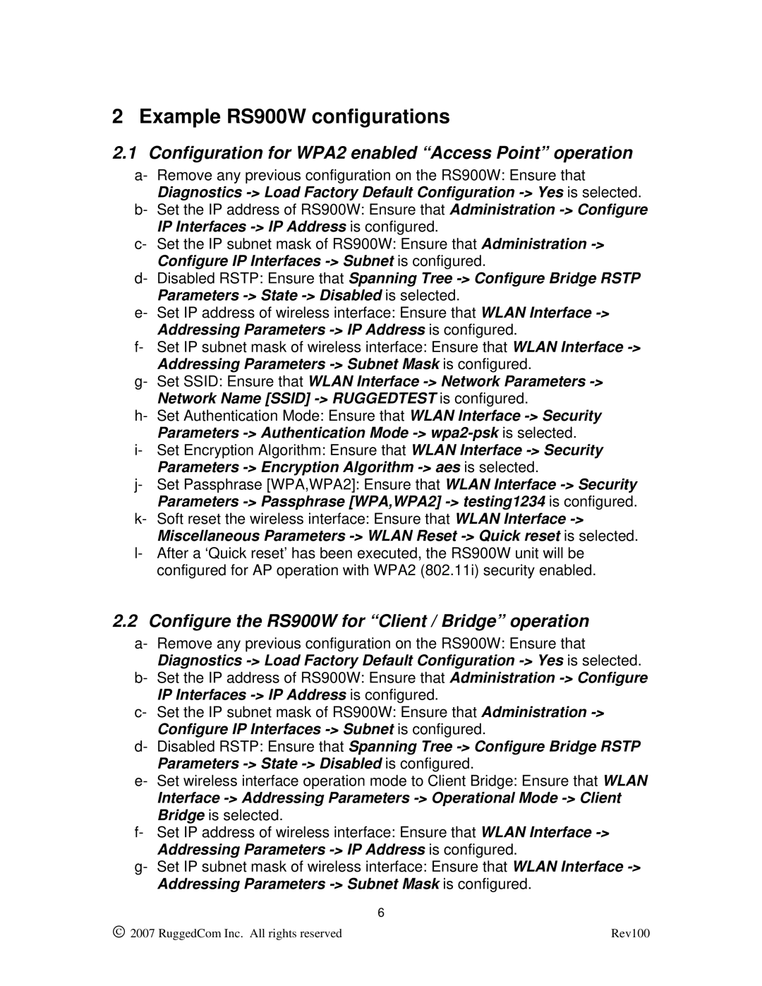 RuggedCom manual Example RS900W configurations, Configuration for WPA2 enabled Access Point operation 