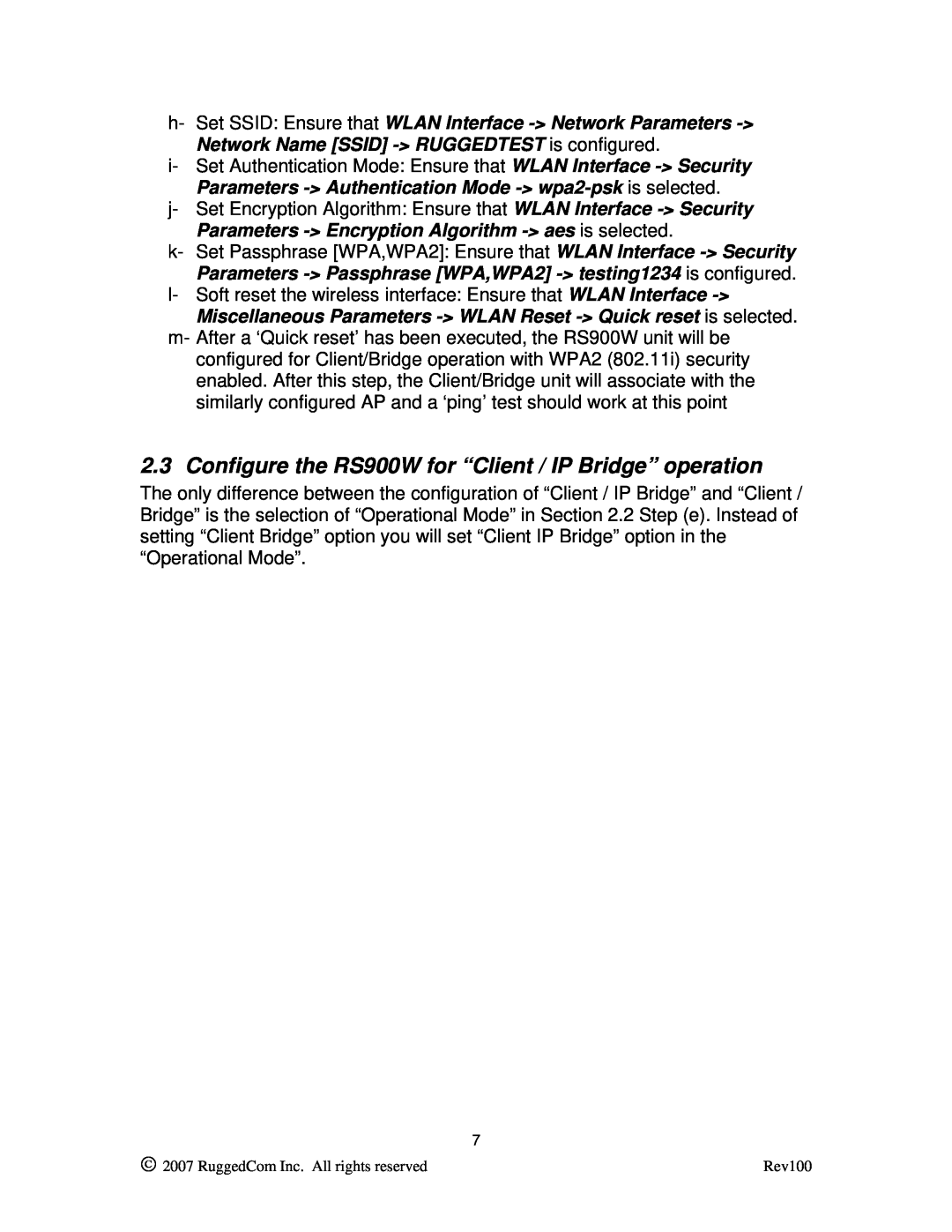 RuggedCom manual Configure the RS900W for “Client / IP Bridge” operation 