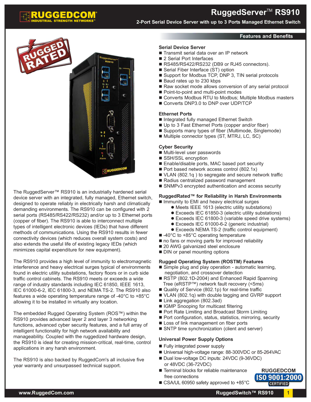 RuggedCom RS910 warranty Serial Device Server, Ethernet Ports, Cyber Security, Rugged Operating System Rostm Features 