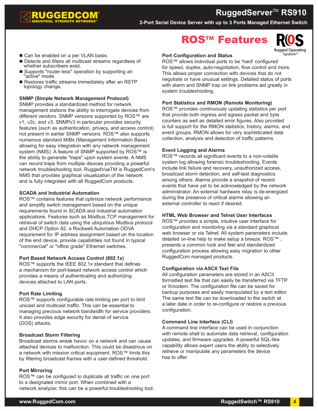 RuggedCom RS910 warranty Snmp Simple Network Management Protocol, Scada and Industrial Automation, Port Rate Limiting 