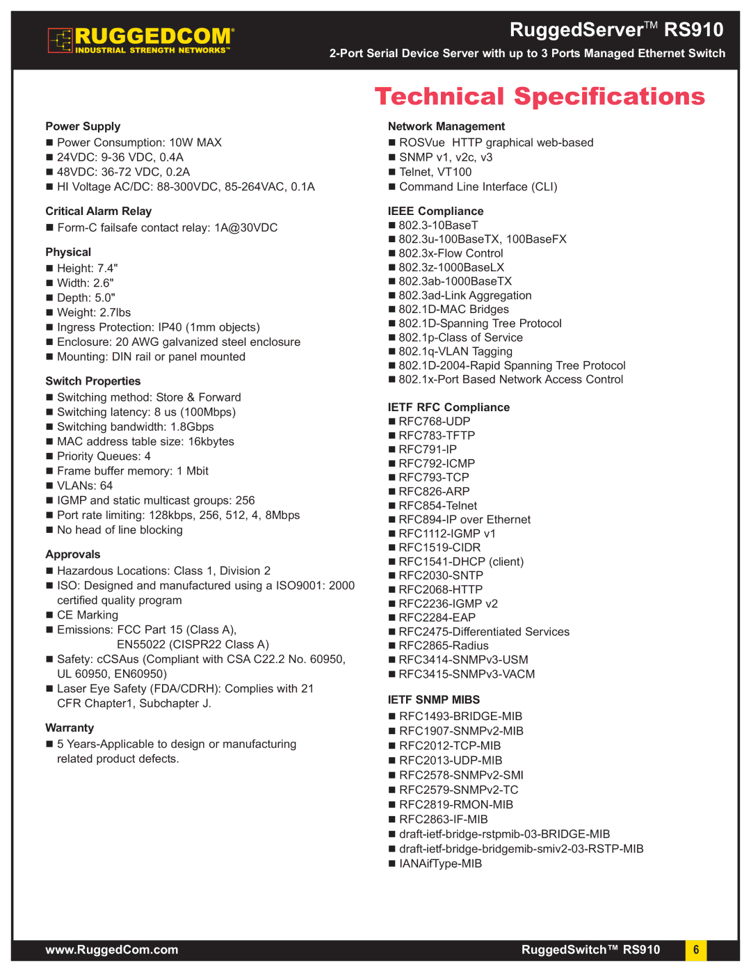 RuggedCom RS910 warranty Technical Specifications 