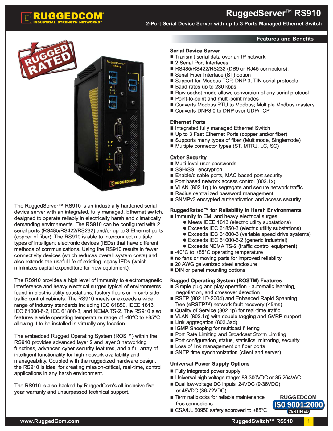 RuggedCom warranty RuggedServerTM RS910, Features and Benefits, Serial Device Server, Ethernet Ports, Cyber Security 