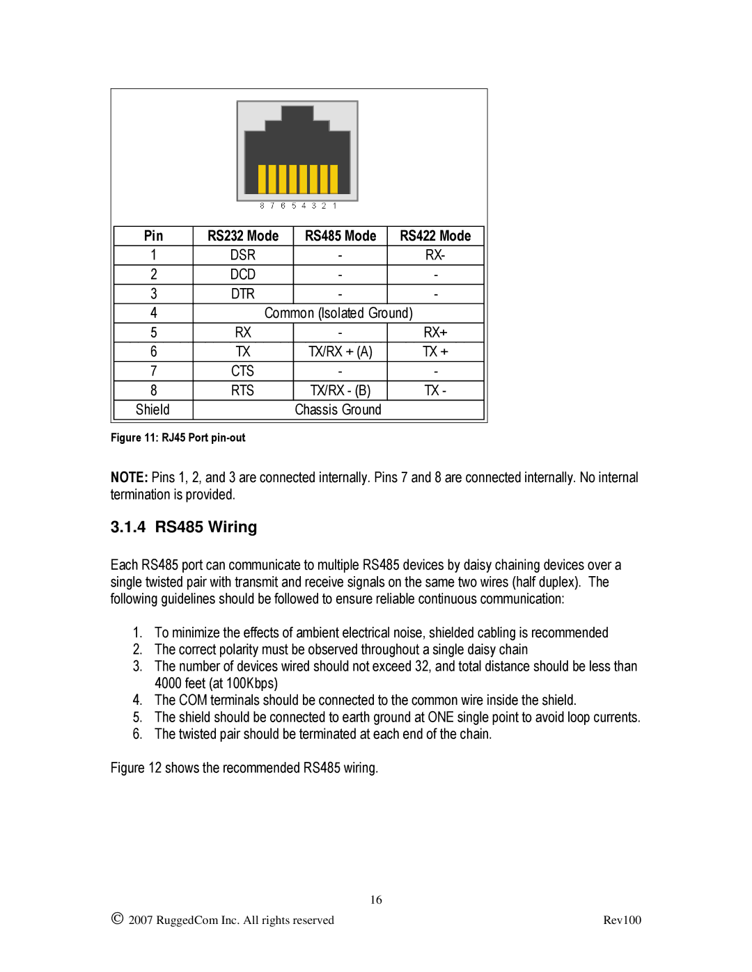 RuggedCom RS910L manual 4 RS485 Wiring, RJ45 Port pin-out 