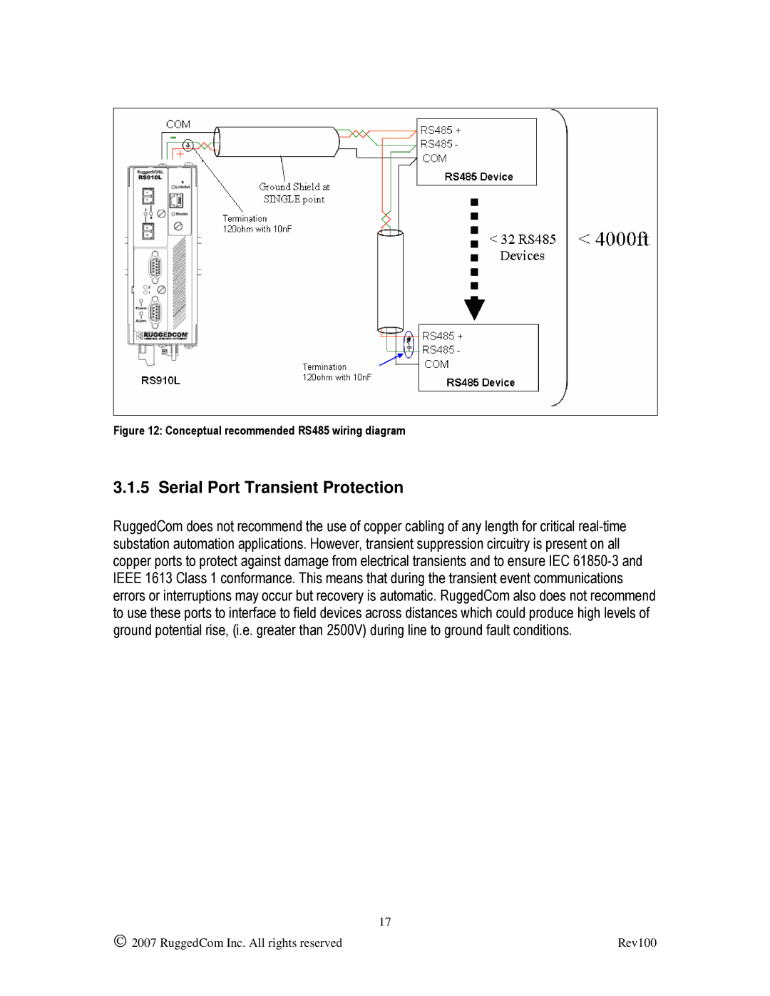 RuggedCom RS910L manual Serial Port Transient Protection, Conceptual recommended RS485 wiring diagram 