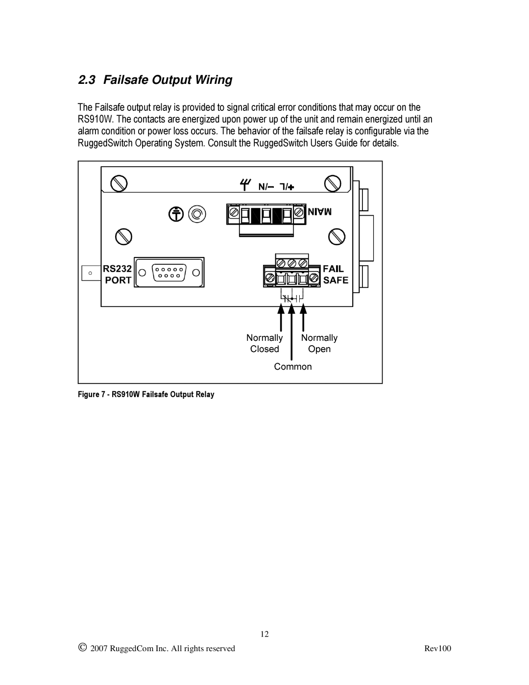 RuggedCom manual Failsafe Output Wiring, RS910W Failsafe Output Relay 