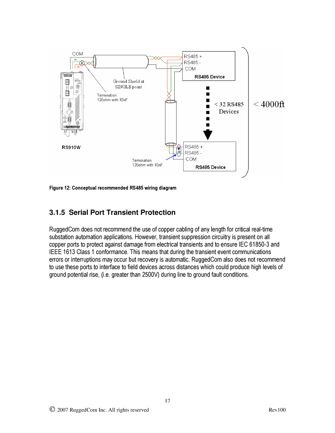 RuggedCom RS910W manual Serial Port Transient Protection, Conceptual recommended RS485 wiring diagram 