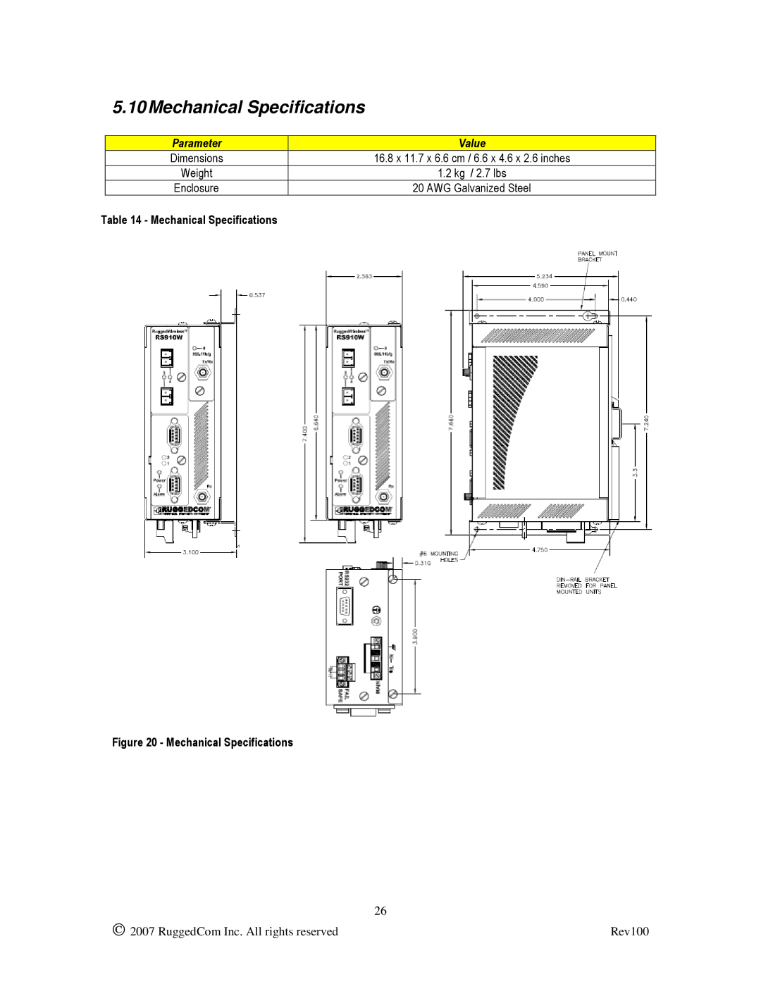 RuggedCom RS910W manual Mechanical Specifications, Parameter Value 