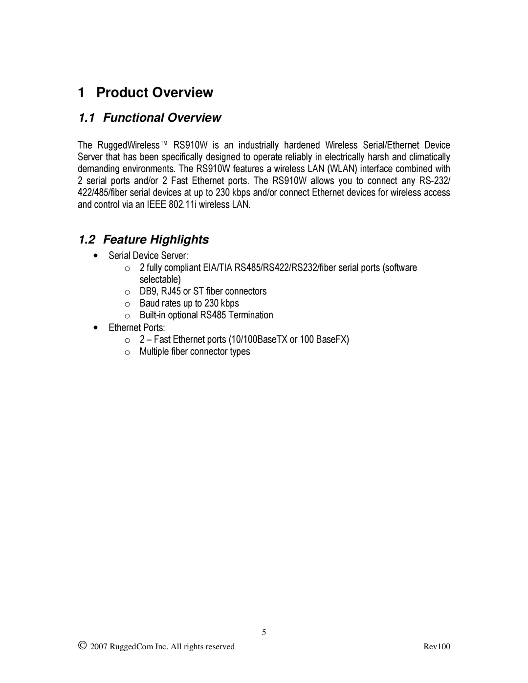 RuggedCom RS910W manual Product Overview, Functional Overview, Feature Highlights 