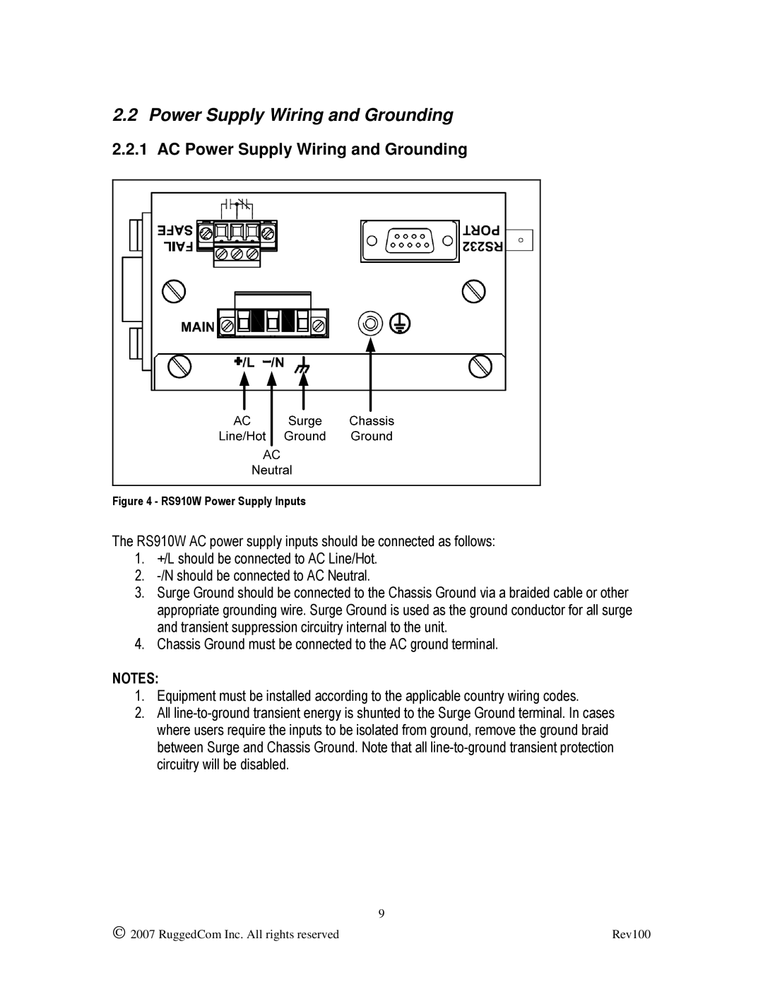 RuggedCom RS910W manual AC Power Supply Wiring and Grounding 