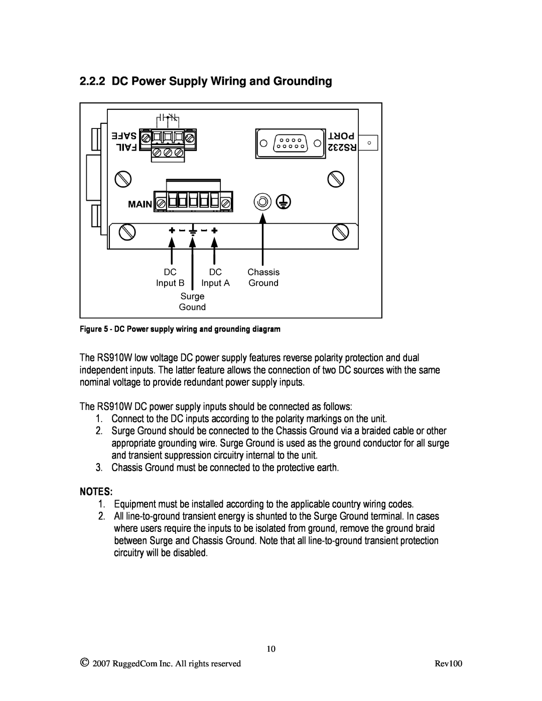 RuggedCom RS910W manual DC Power Supply Wiring and Grounding, DC Power supply wiring and grounding diagram 