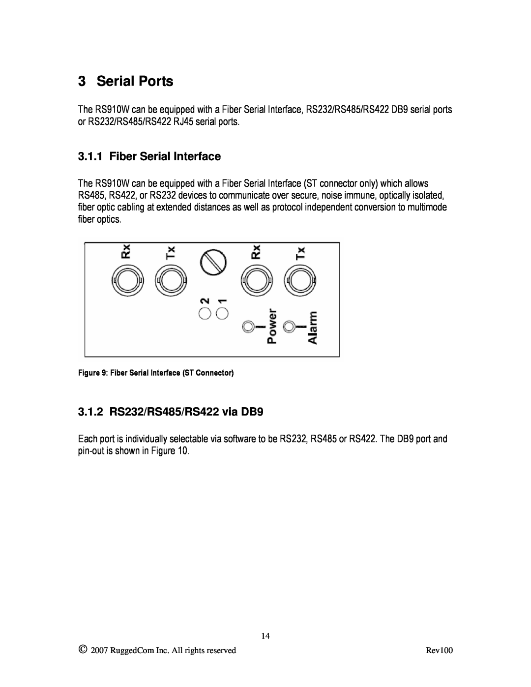 RuggedCom RS910W manual Serial Ports, Fiber Serial Interface, 3.1.2 RS232/RS485/RS422 via DB9 