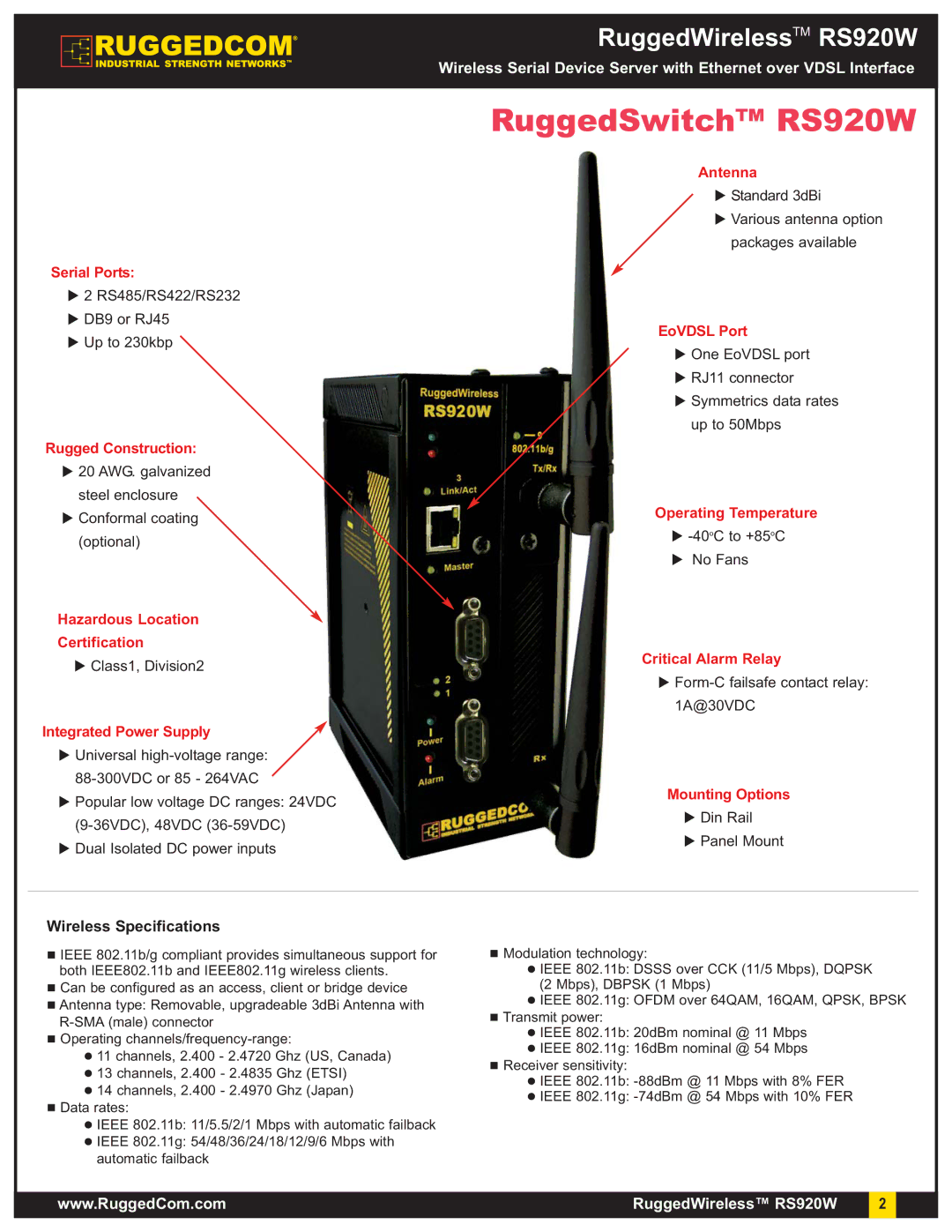 RuggedCom warranty RuggedSwitch RS920W, Wireless Specifications 