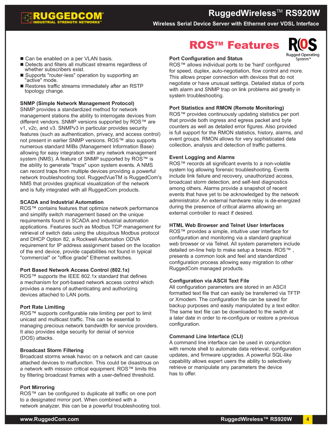 RuggedCom RS920W warranty Snmp Simple Network Management Protocol, Scada and Industrial Automation, Port Rate Limiting 
