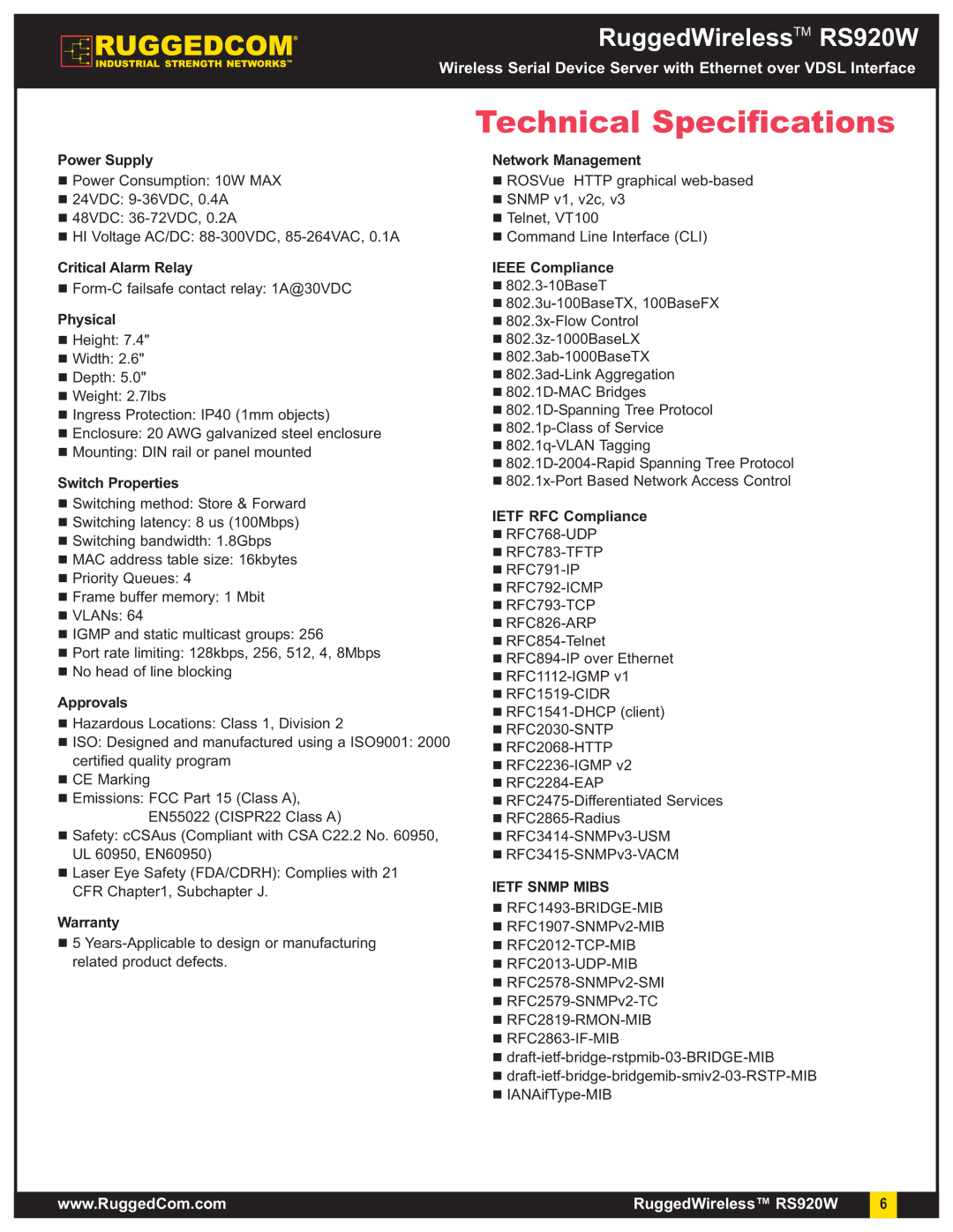 RuggedCom RS920W warranty Technical Specifications, Ietf Snmp Mibs 