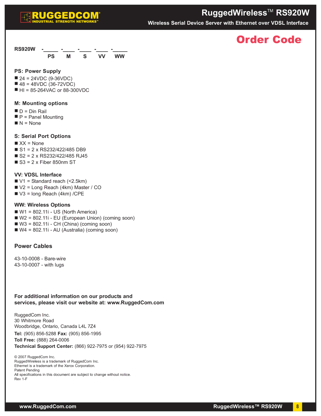 RuggedCom RS920W warranty Order Code, Ps M S Vv Ww 