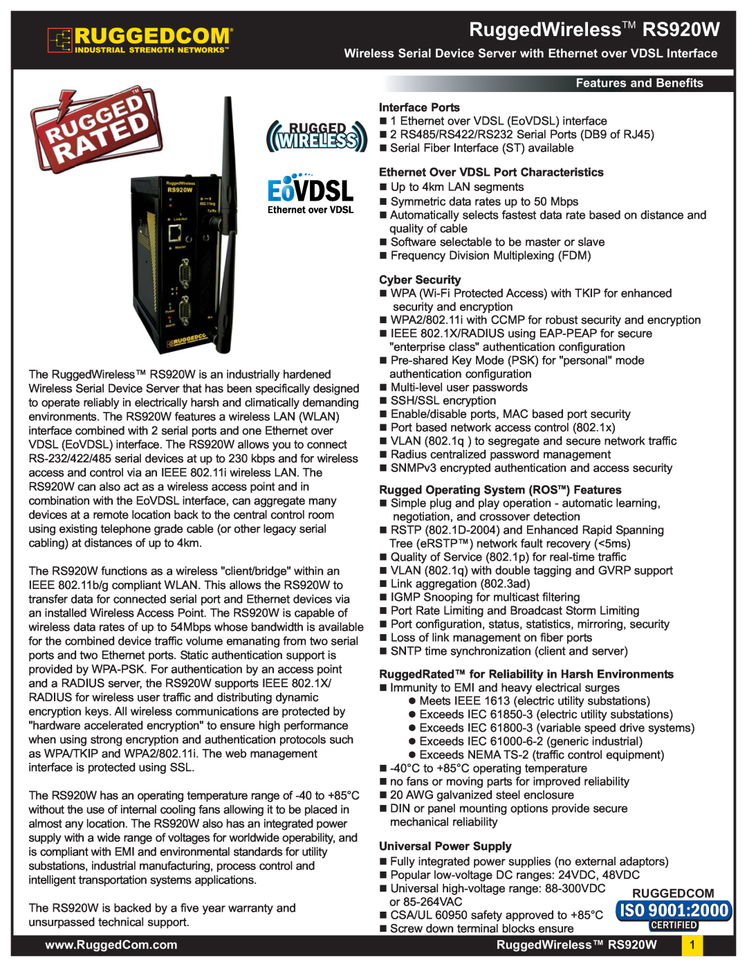 RuggedCom warranty RuggedWirelessTM RS920W, Wireless Serial Device Server with Ethernet over VDSL Interface 