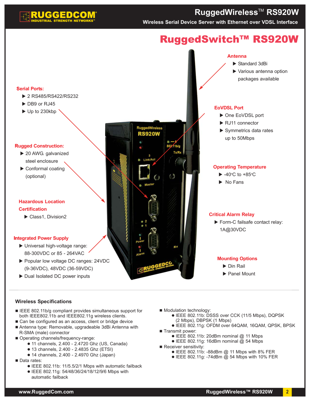 RuggedCom RuggedSwitch RS920W, Wireless Specifications, RuggedWirelessTM RS920W, Serial Ports, Rugged Construction 
