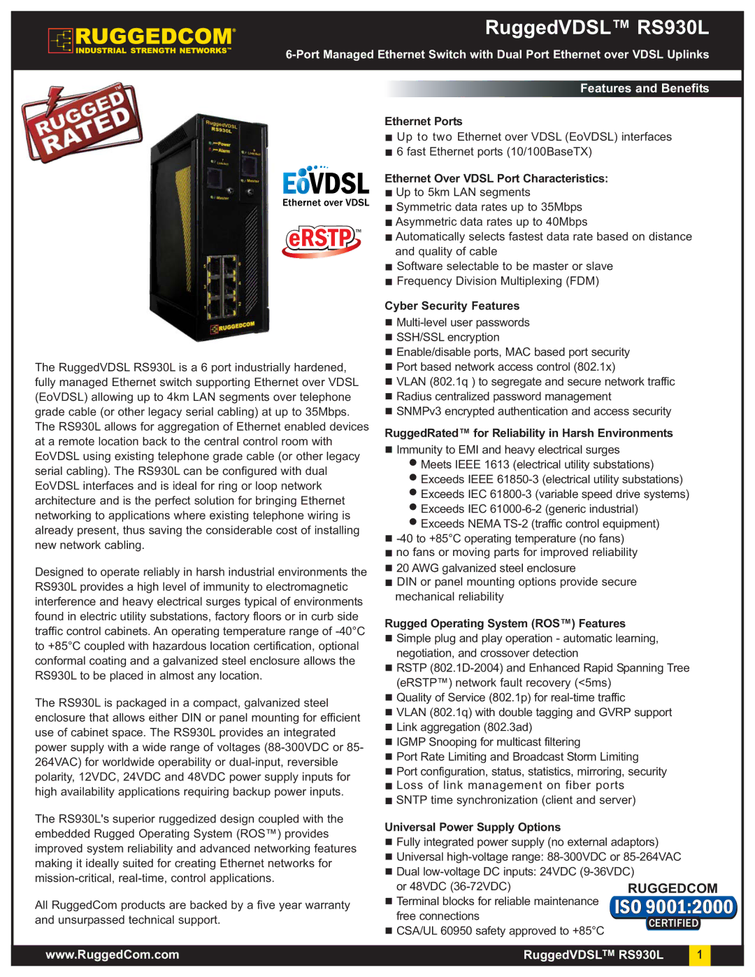 RuggedCom RS930L warranty Ethernet Ports, Ethernet Over Vdsl Port Characteristics, Cyber Security Features 