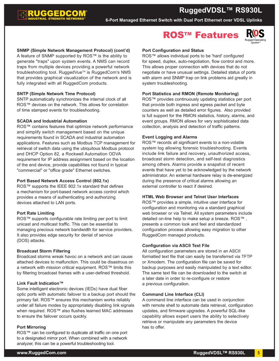 RuggedCom RS930L Snmp Simple Network Management Protocol cont’d, Sntp Simple Network Time Protocol, Port Rate Limiting 