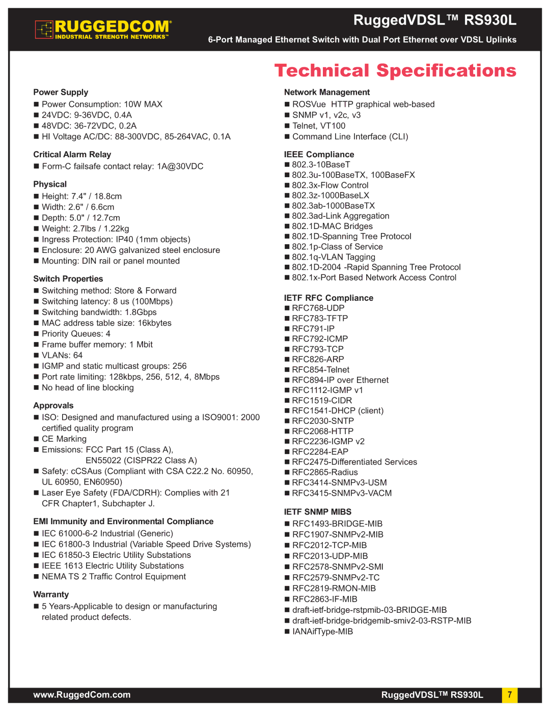 RuggedCom RS930L warranty Technical Specifications 