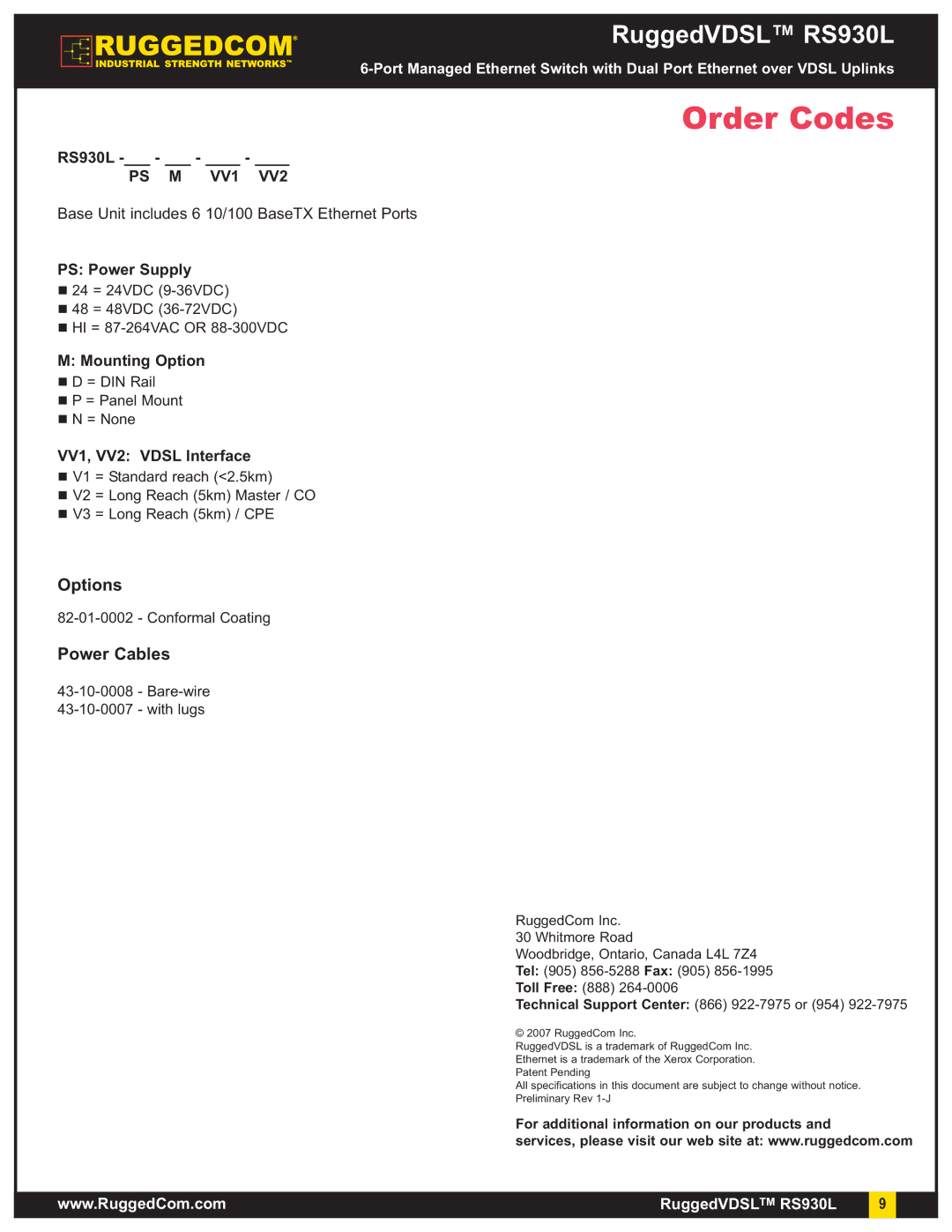 RuggedCom RS930L warranty Order Codes, PS Power Supply, Mounting Option, VV1, VV2 Vdsl Interface 