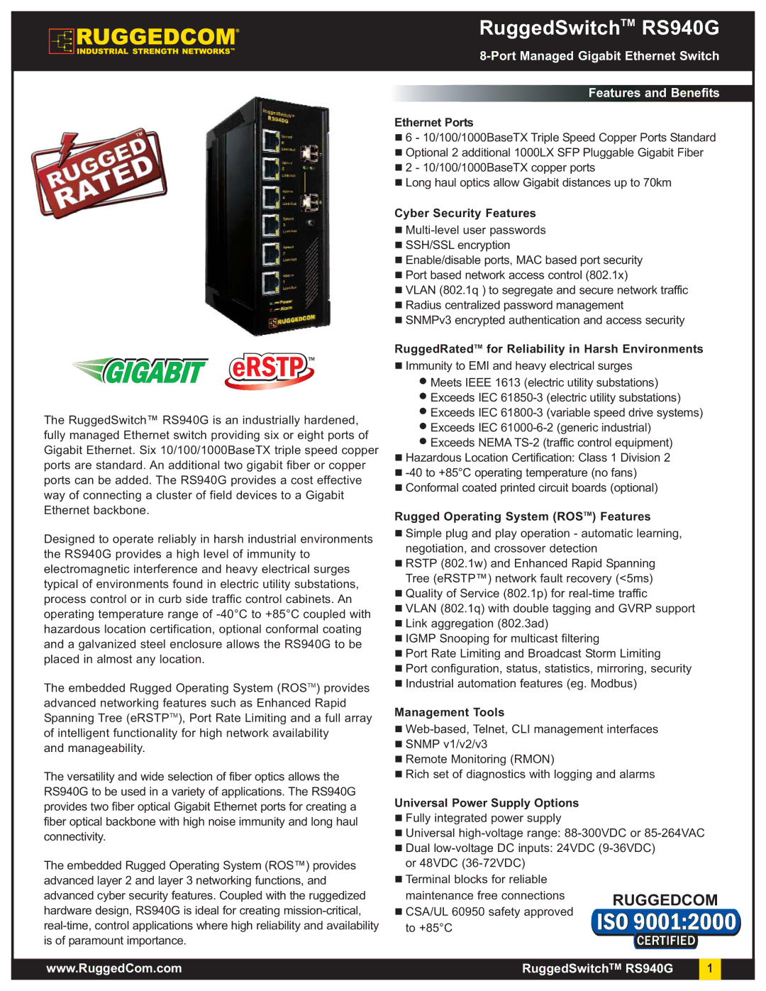 RuggedCom RS940G manual Ethernet Ports, Cyber Security Features, RuggedRatedTM for Reliability in Harsh Environments 