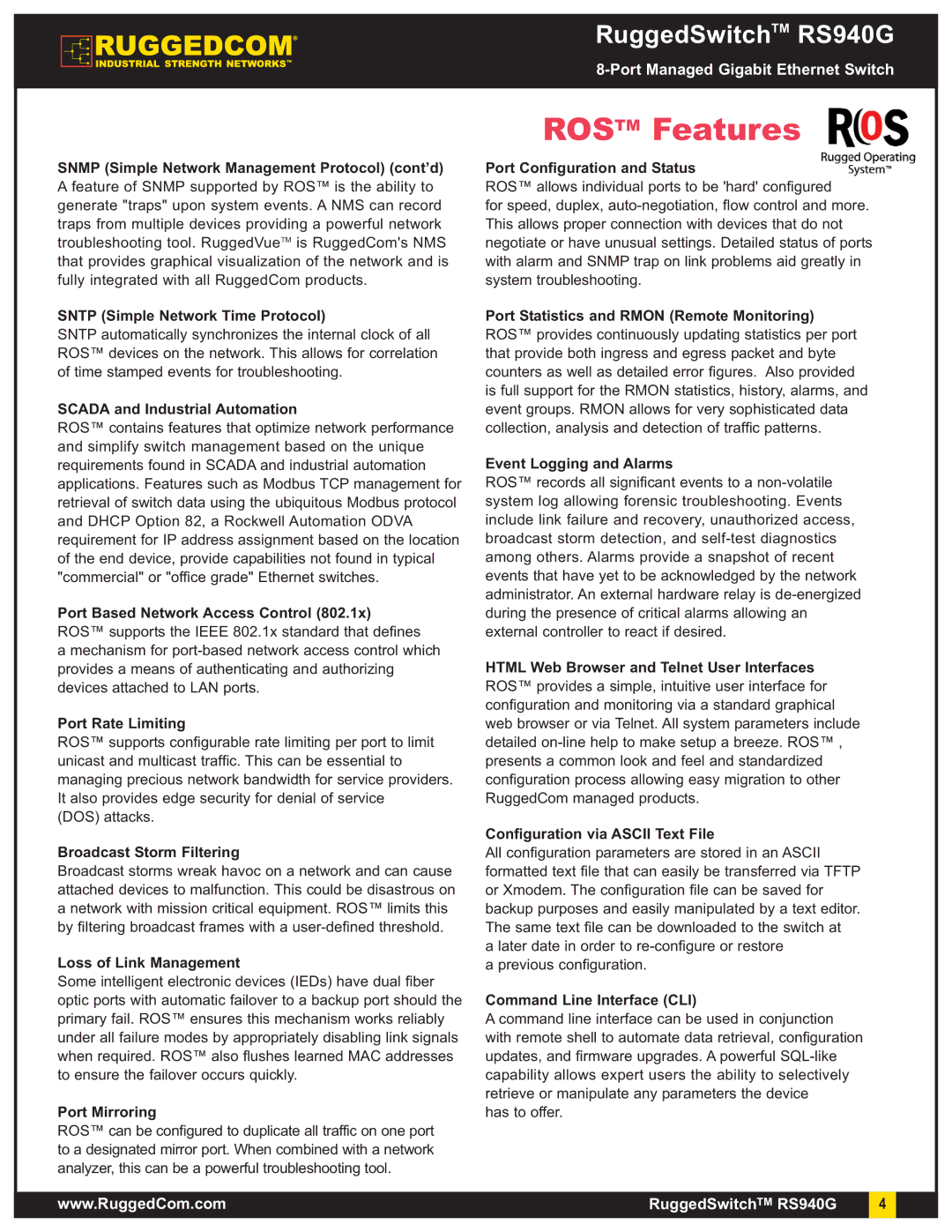 RuggedCom RS940G Snmp Simple Network Management Protocol cont’d, Sntp Simple Network Time Protocol, Port Rate Limiting 