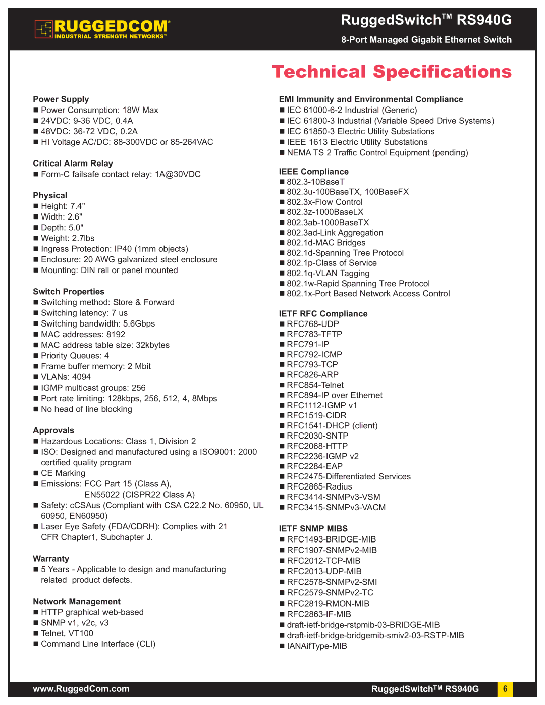 RuggedCom RS940G manual Technical Specifications, Ietf Snmp Mibs 