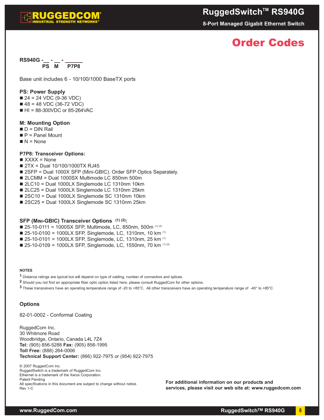 RuggedCom RS940G manual Order Codes, PS M P7P8 