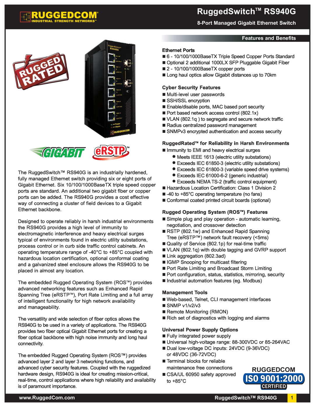 RuggedCom manual RuggedSwitchTM RS940G, Port Managed Gigabit Ethernet Switch Features and Benefits, Ethernet Ports 