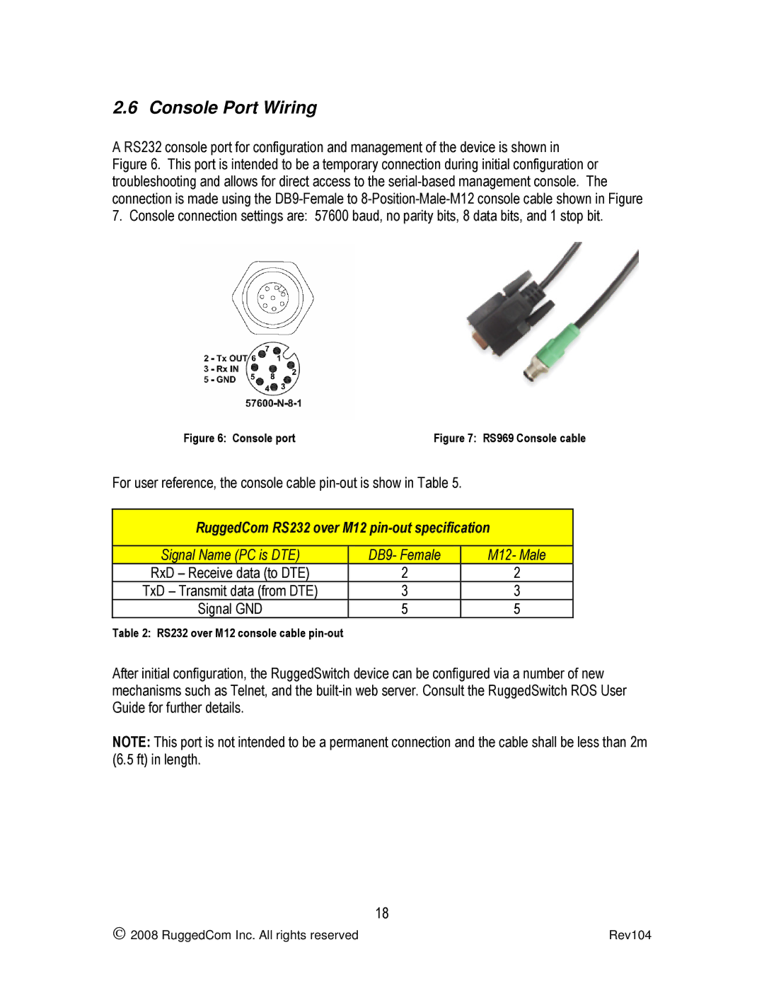 RuggedCom RS969 manual Console Port Wiring, RS232 over M12 console cable pin-out 