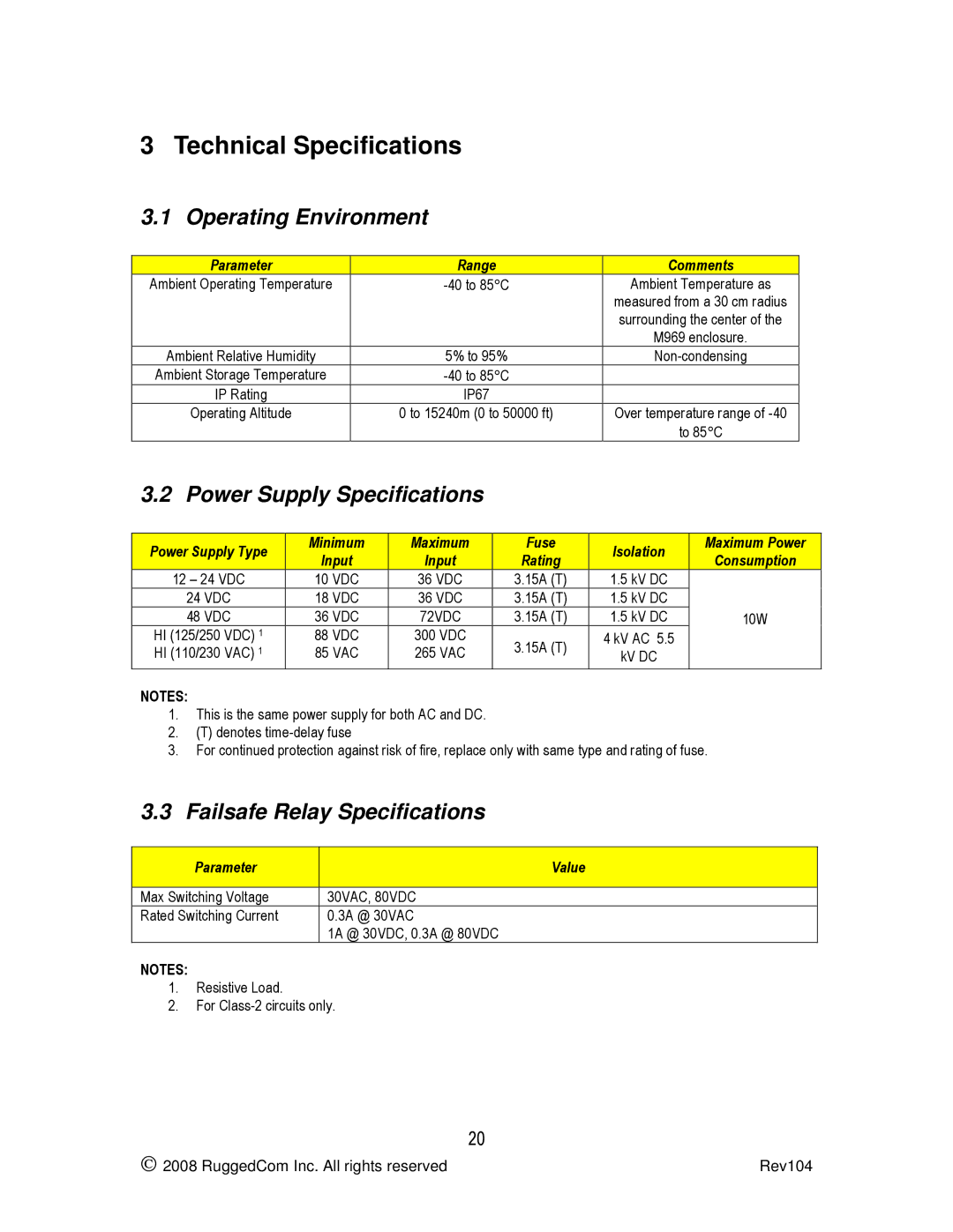 RuggedCom RS969 manual Technical Specifications, Operating Environment, Power Supply Specifications 