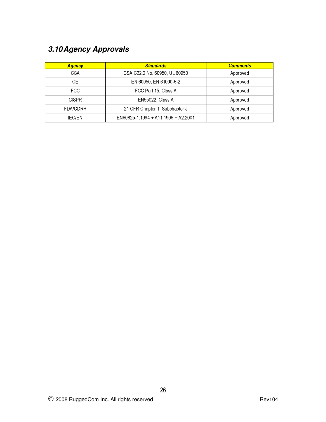 RuggedCom RS969 manual Agency Approvals, Agency Standards Comments 