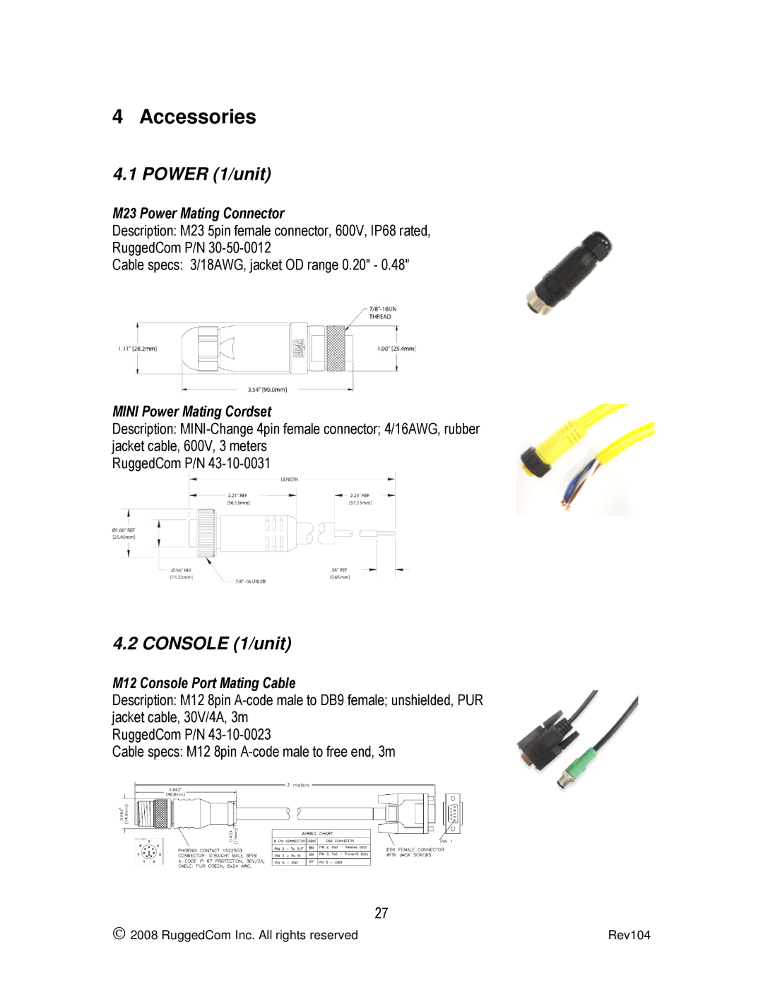 RuggedCom RS969 manual Accessories, Power 1/unit, Console 1/unit 