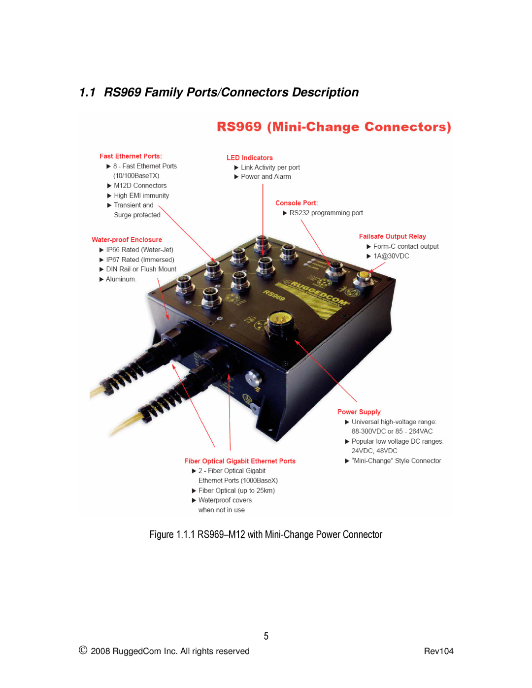 RuggedCom manual RS969 Family Ports/Connectors Description, 1 RS969-M12 with Mini-Change Power Connector 