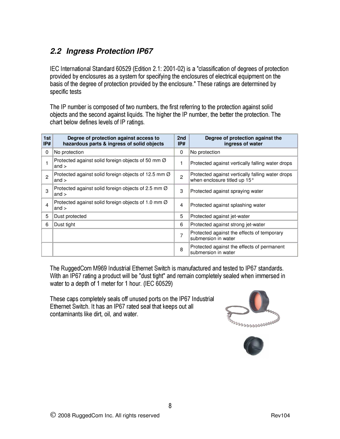 RuggedCom RS969 manual Ingress Protection IP67, Ingress of water 