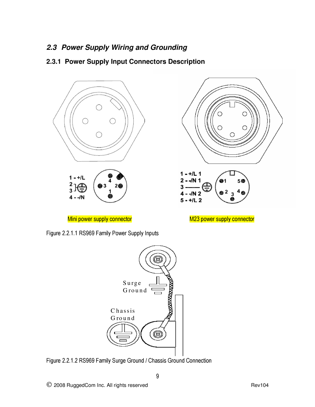 RuggedCom RS969 manual Power Supply Wiring and Grounding, Mini power supply connector M23 power supply connector 