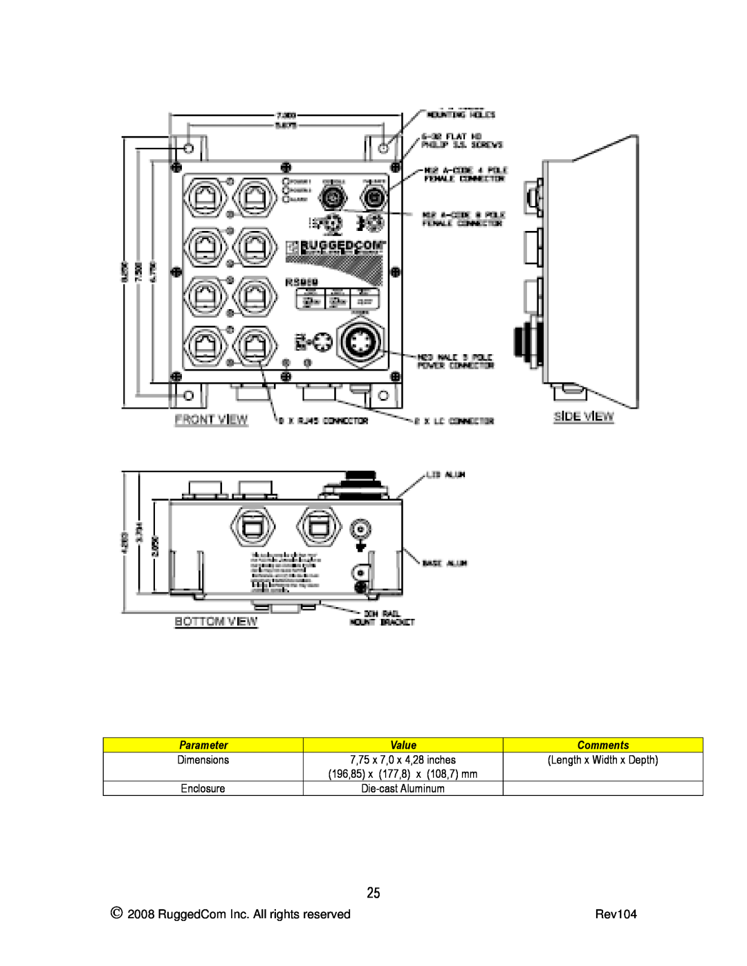 RuggedCom RS969 manual Dimensions, Length x Width x Depth, 196,85 x 177,8 x 108,7 mm, Enclosure, Die-cast Aluminum 