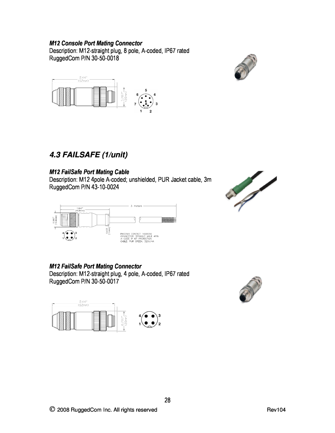 RuggedCom RS969 manual FAILSAFE 1/unit, M12 Console Port Mating Connector, M12 FailSafe Port Mating Cable 