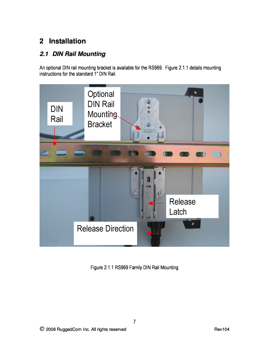 RuggedCom RS969 Installation, DIN Rail Mounting, Mounting Bracket Release Latch, Release Direction, Optional DIN Rail 