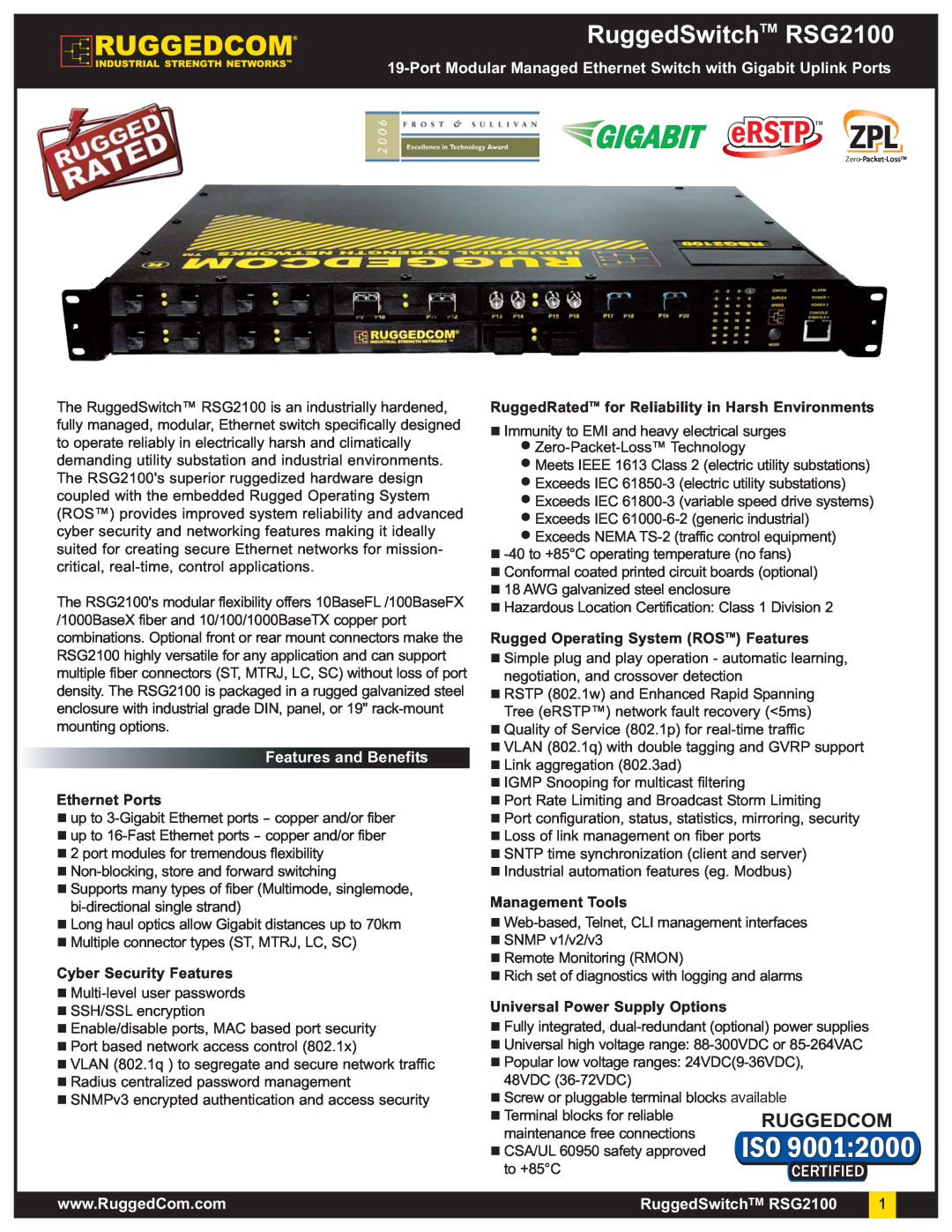 RuggedCom manual RuggedSwitchTM RSG2100, Port Modular Managed Ethernet Switch with Gigabit Uplink Ports, eRSTP TM 