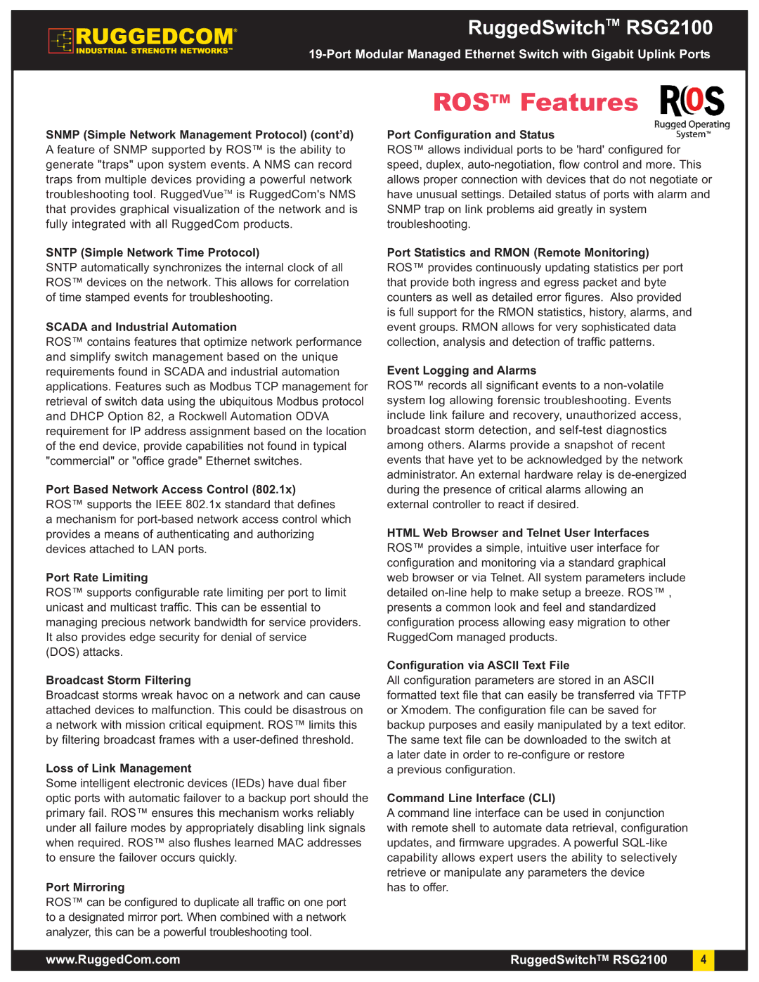 RuggedCom RSG2100 Snmp Simple Network Management Protocol cont’d, Sntp Simple Network Time Protocol, Port Rate Limiting 