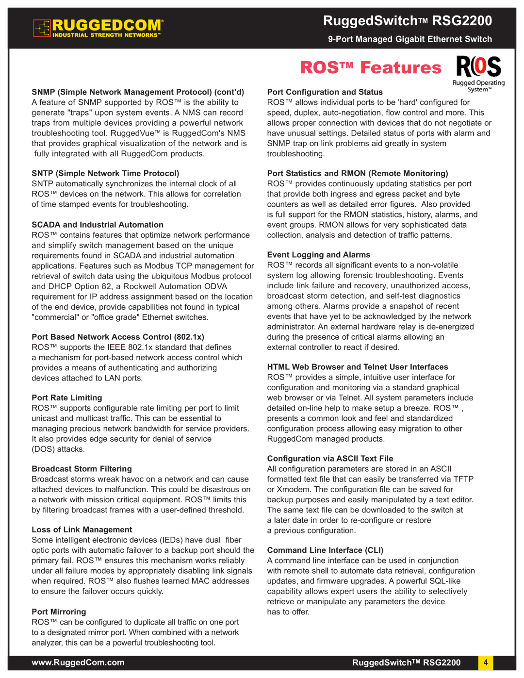 RuggedCom RSG2200 Snmp Simple Network Management Protocol cont’d, Sntp Simple Network Time Protocol, Port Rate Limiting 