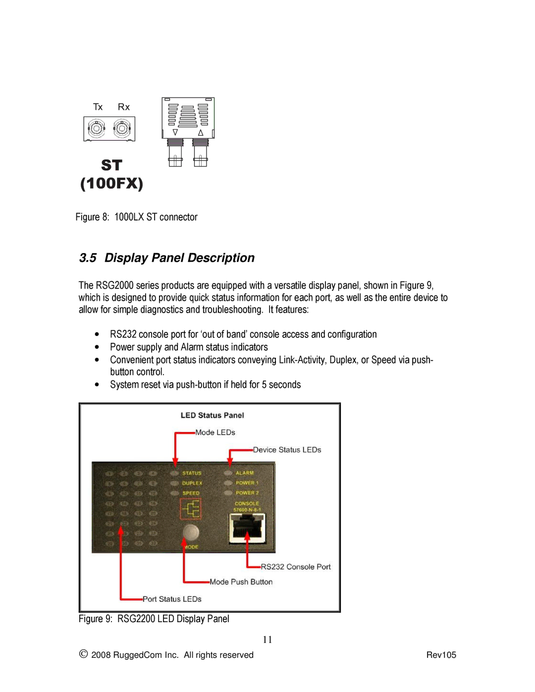 RuggedCom RSG2200 manual Display Panel Description, 1000LX ST connector 