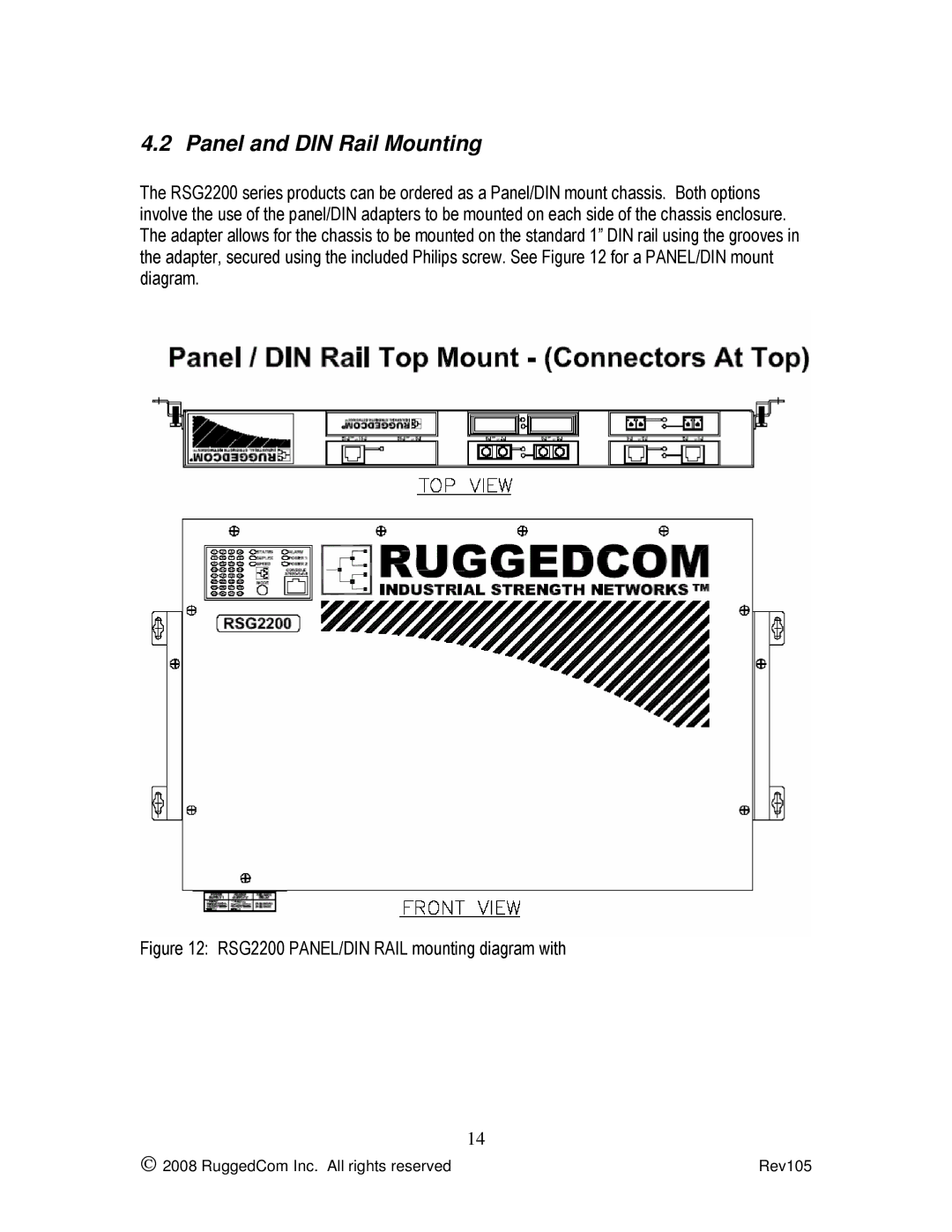 RuggedCom manual Panel and DIN Rail Mounting, RSG2200 PANEL/DIN Rail mounting diagram with 